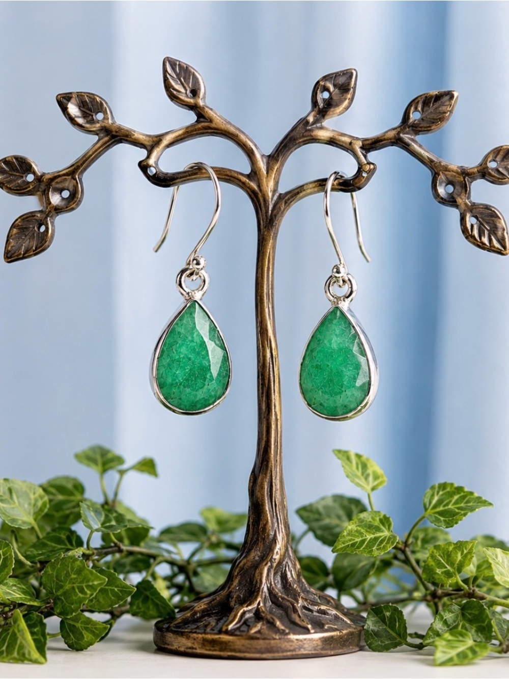 Earrings Kashmir Emerald Dangle Teardrop 925 Sterling Silver